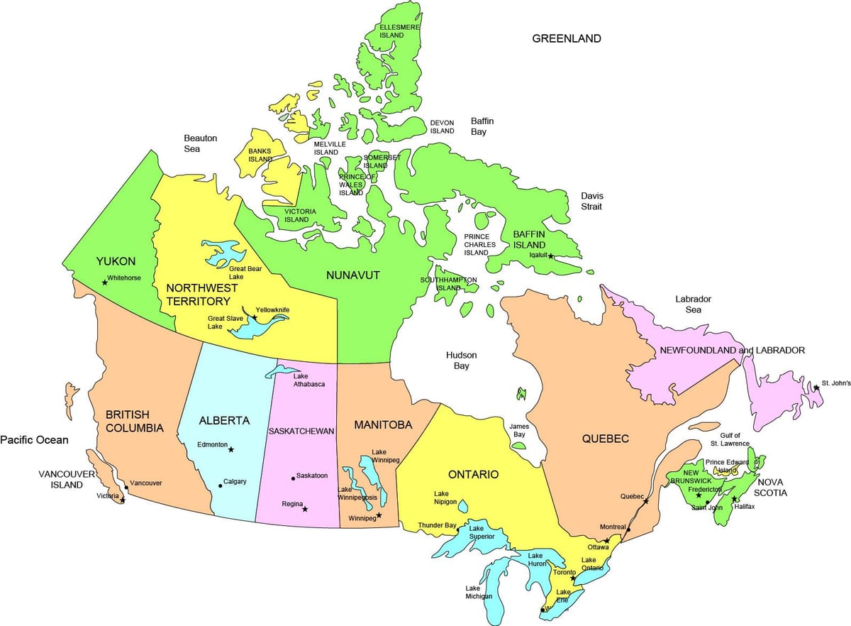 mapa do Canadá, mostrando estados