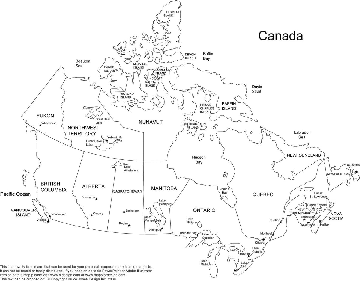 Canadá mapa com os estados e capitais