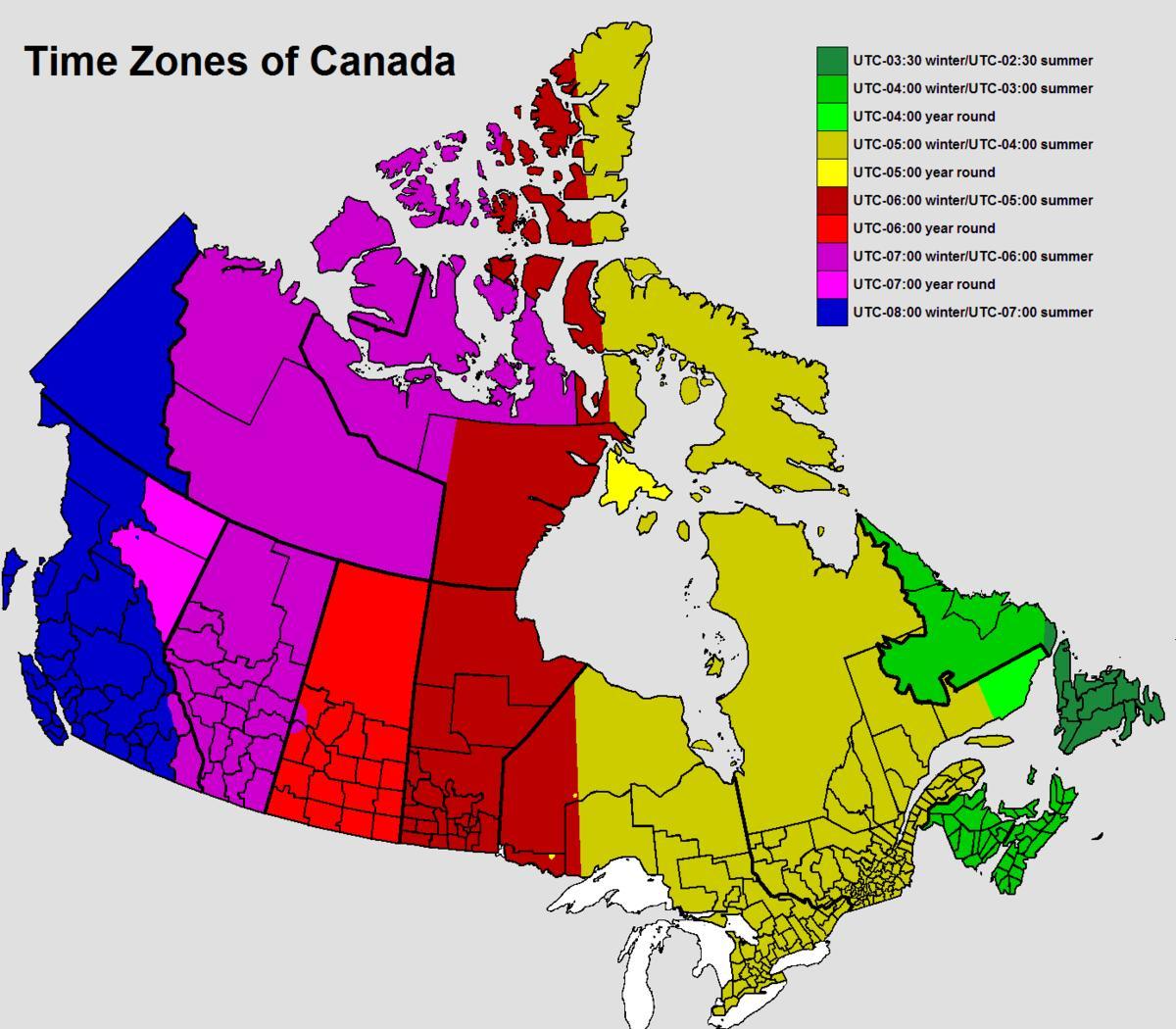 mapa do Canadá de fuso horário