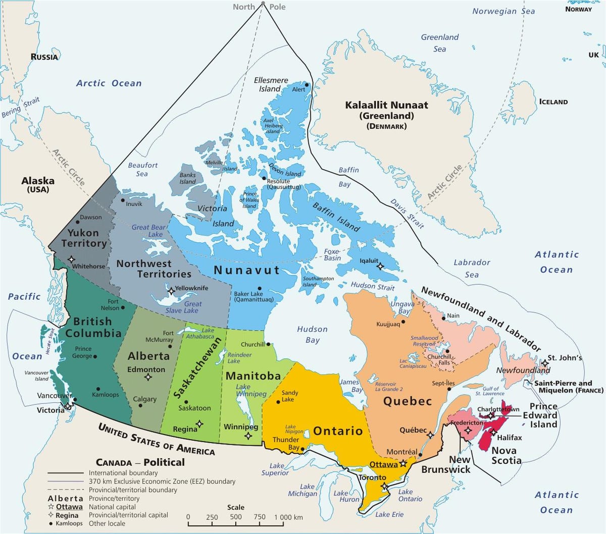 colorido mapa do Canadá com as províncias