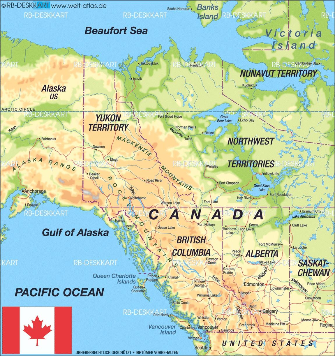 mapa detalhado da região oeste do Canadá