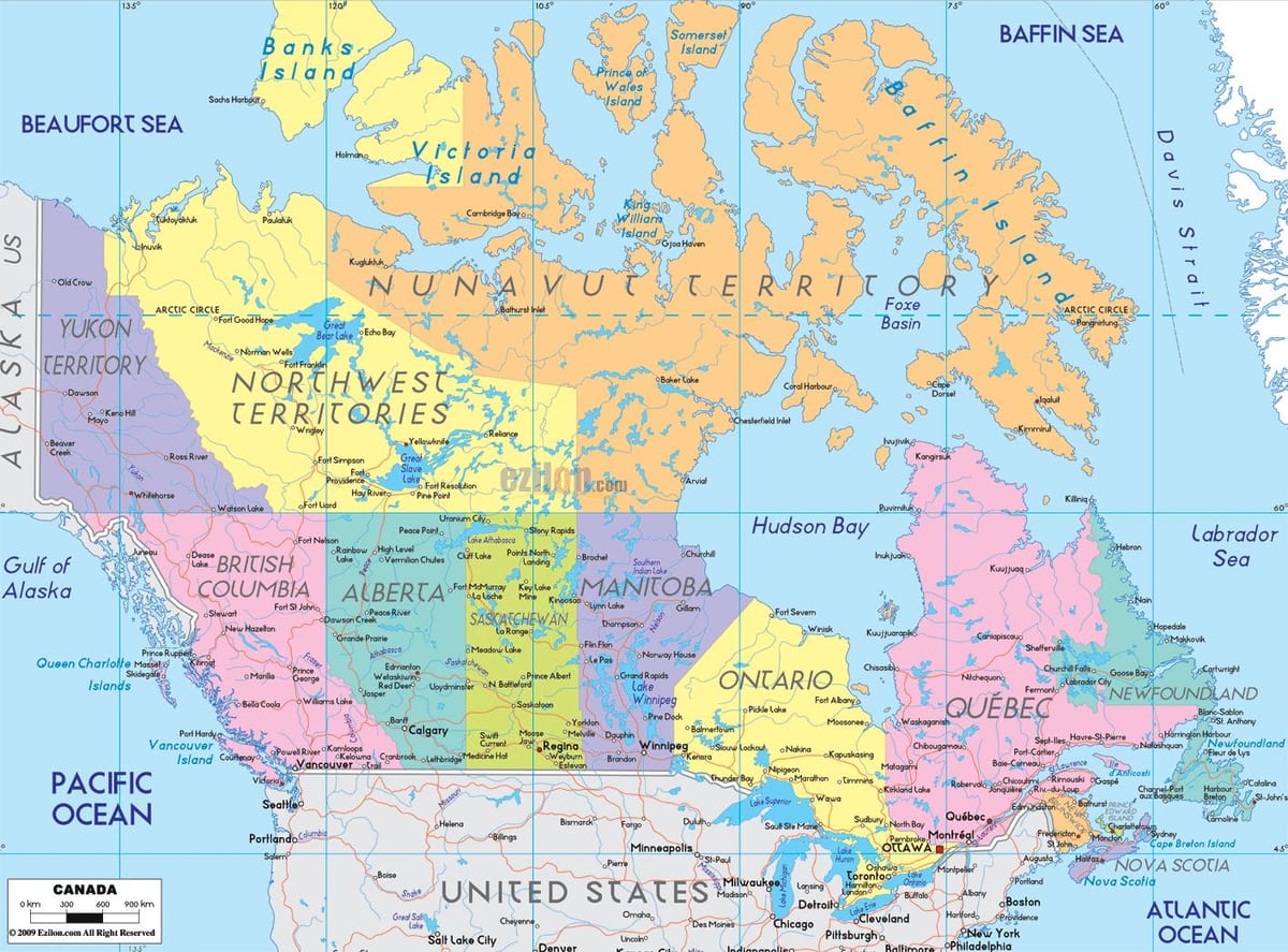 mapa do Canadá oriental mapa