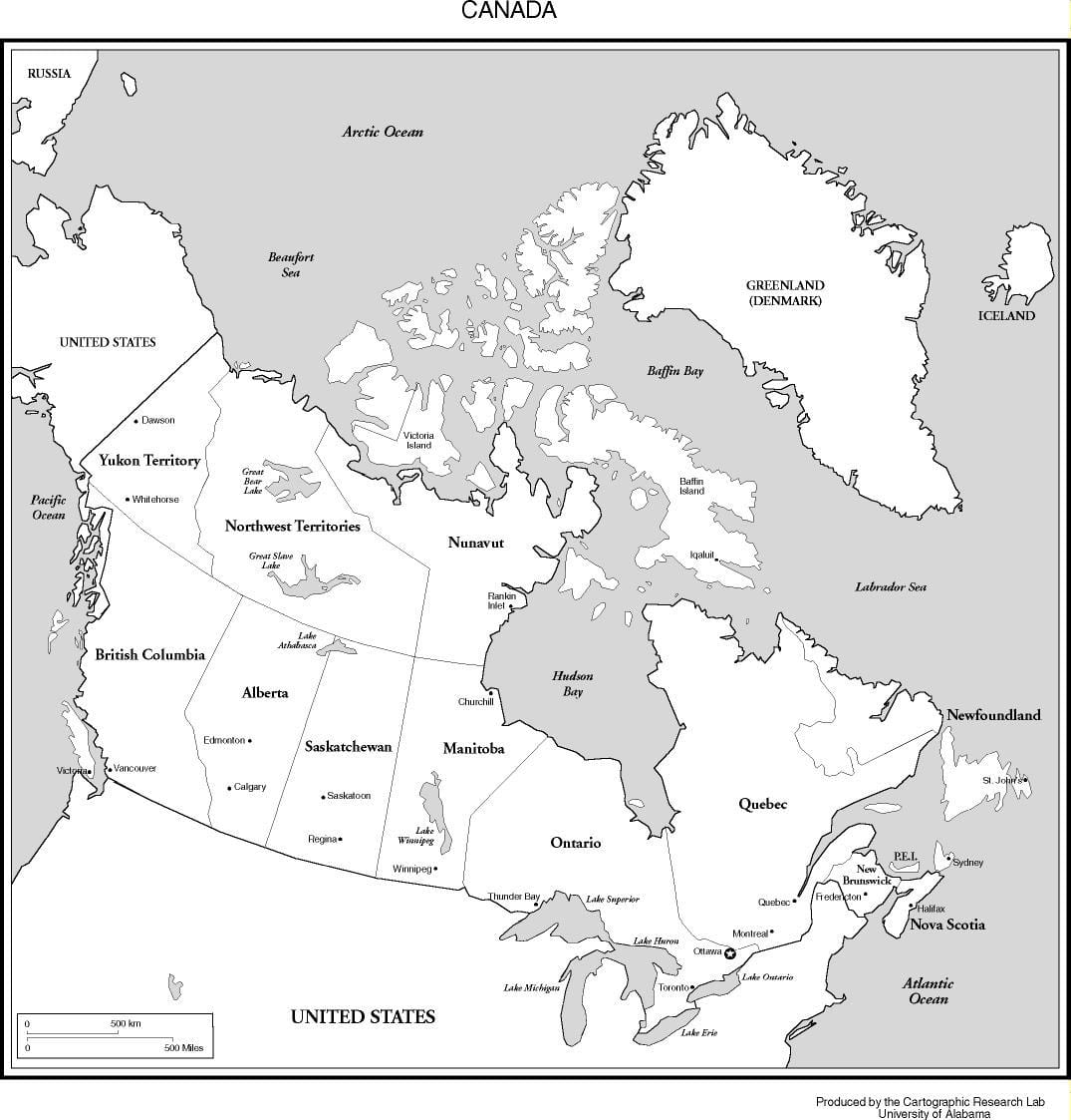 Canadá mapa em preto e branco