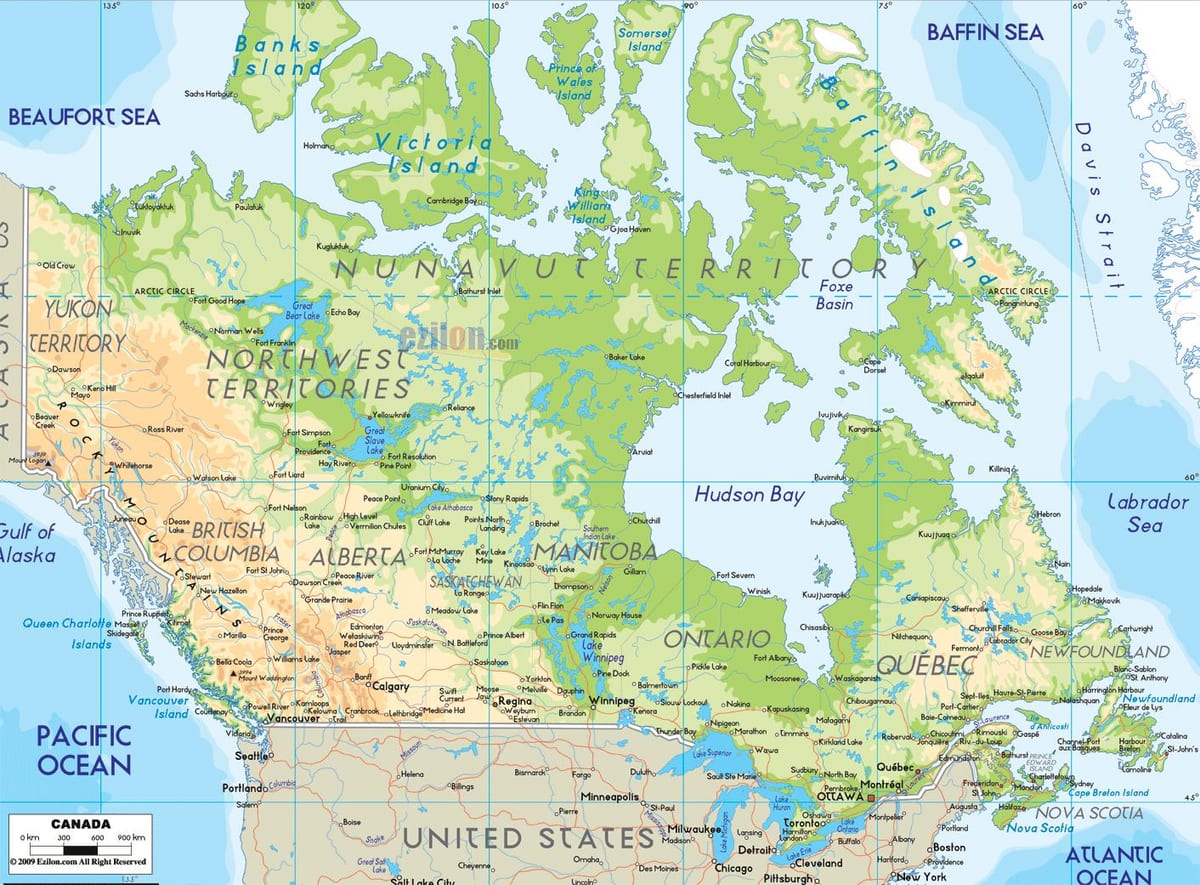 um mapa físico do Canadá