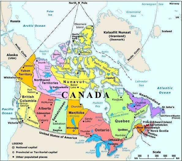 mapa da região oeste do Canadá, com as cidades
